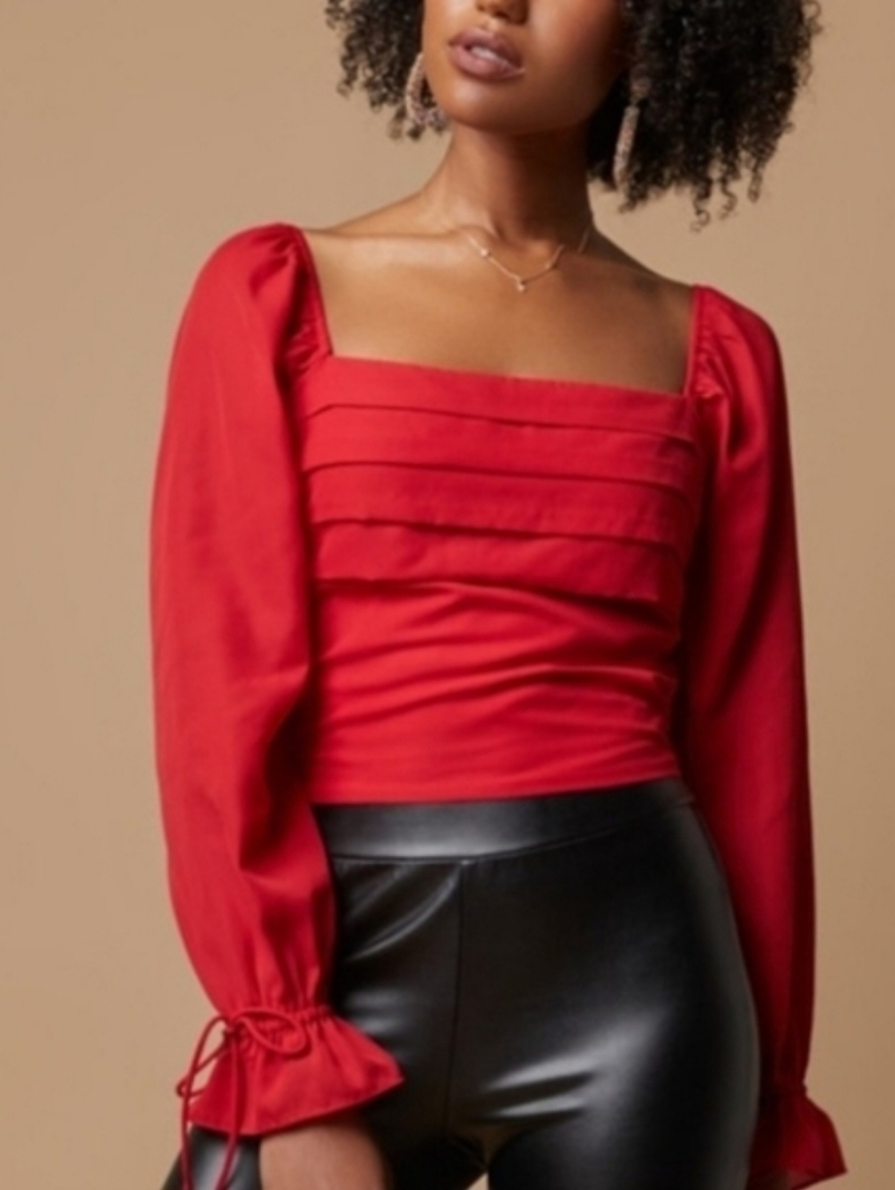 Francesca's Audrey Parks LG red pleated square neck blouse Sheer Coquette